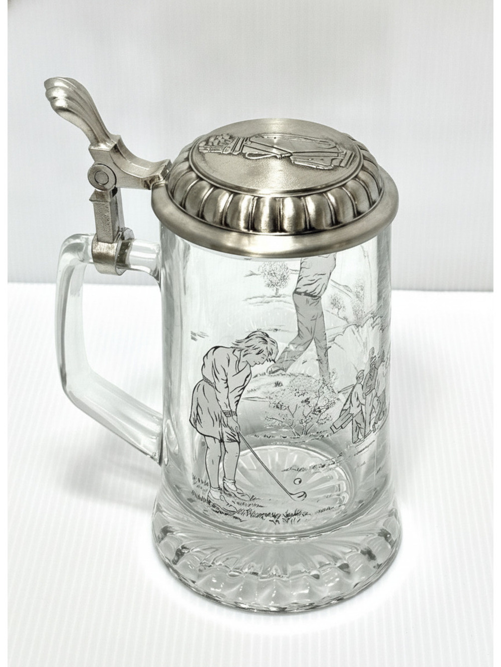 Vintage Domex German Etched Glass Beer Stein - Golfer Theme - 95% Pewter Lid